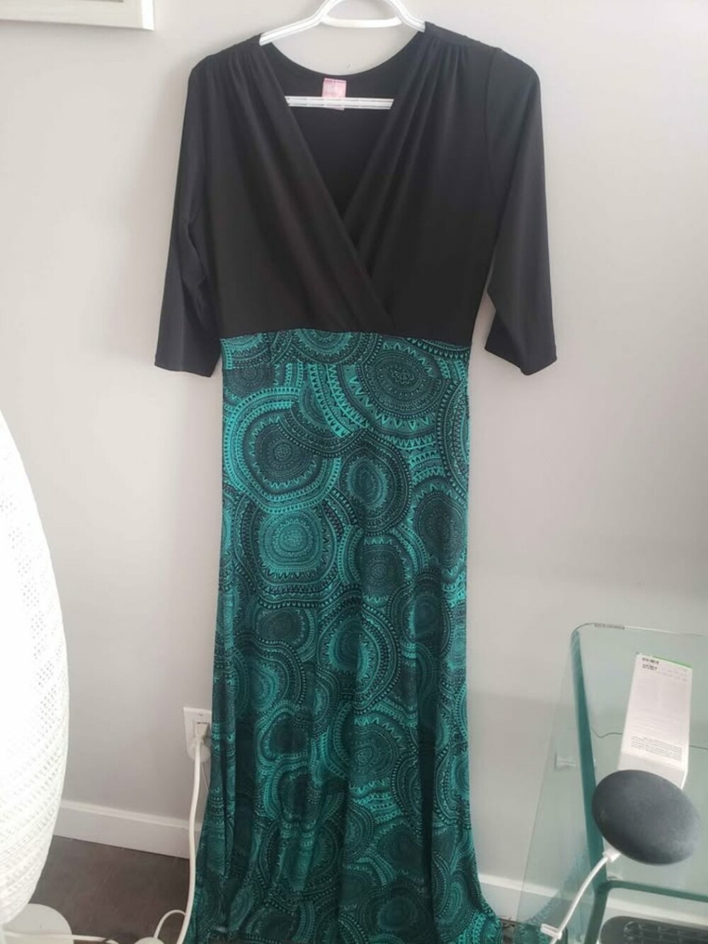 Black Wrap Top Maxi Dress with Teal Patterned Skirt